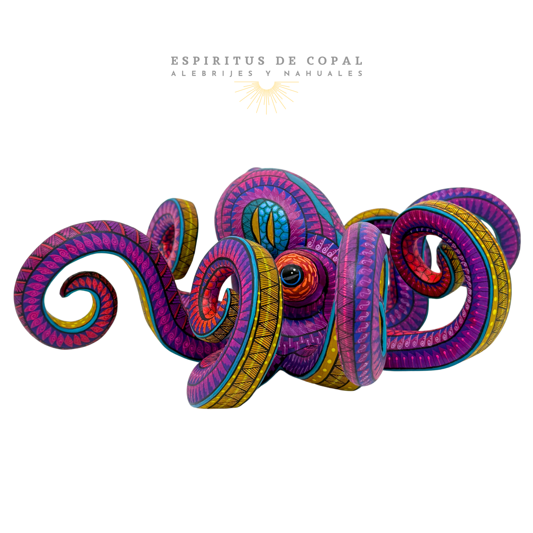 Pulpo: Alebrije Pulpo con diseños zapotecos tallado en madera de copal