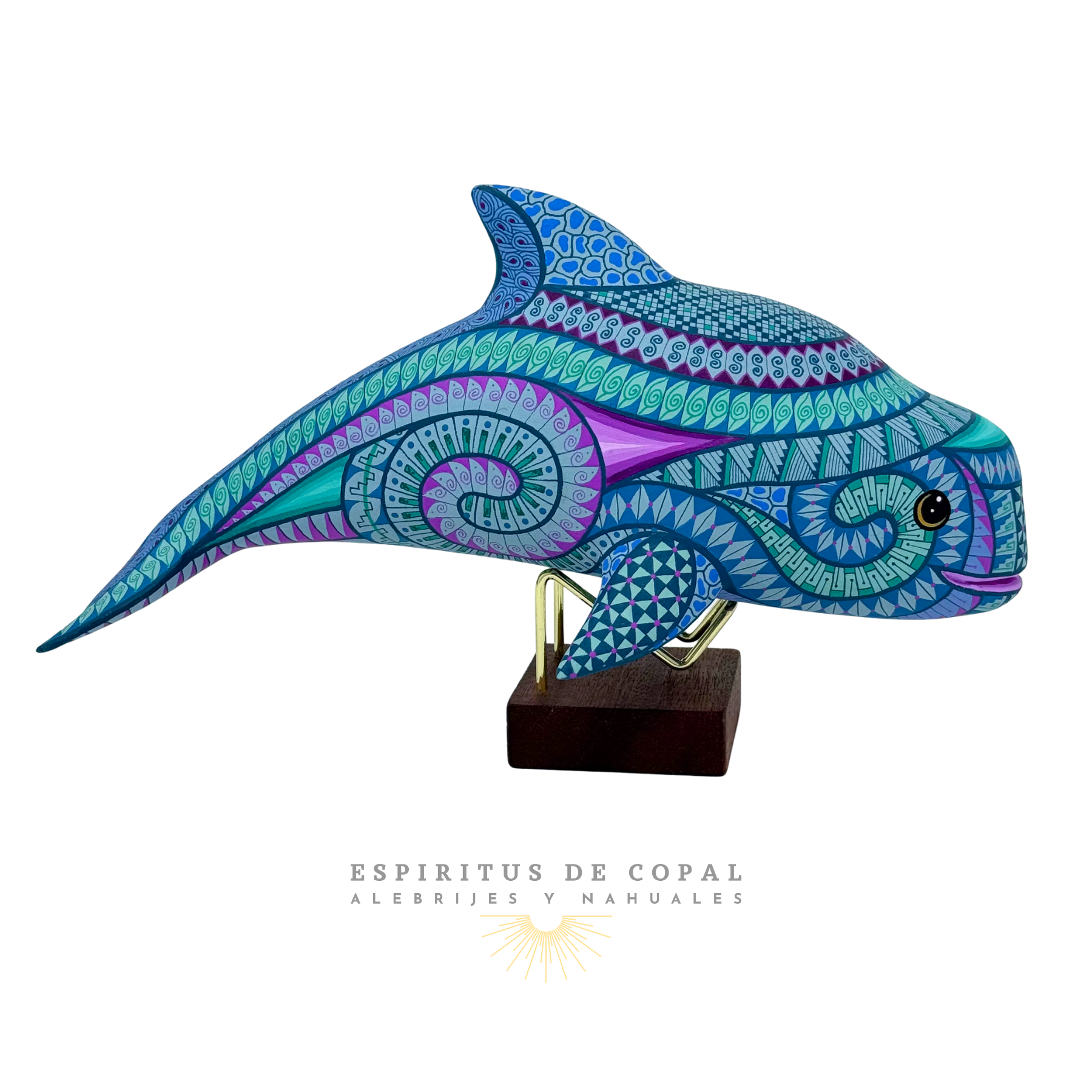 Delfín: Alebrije de delfín tallado y pintado a mano en madera de copal